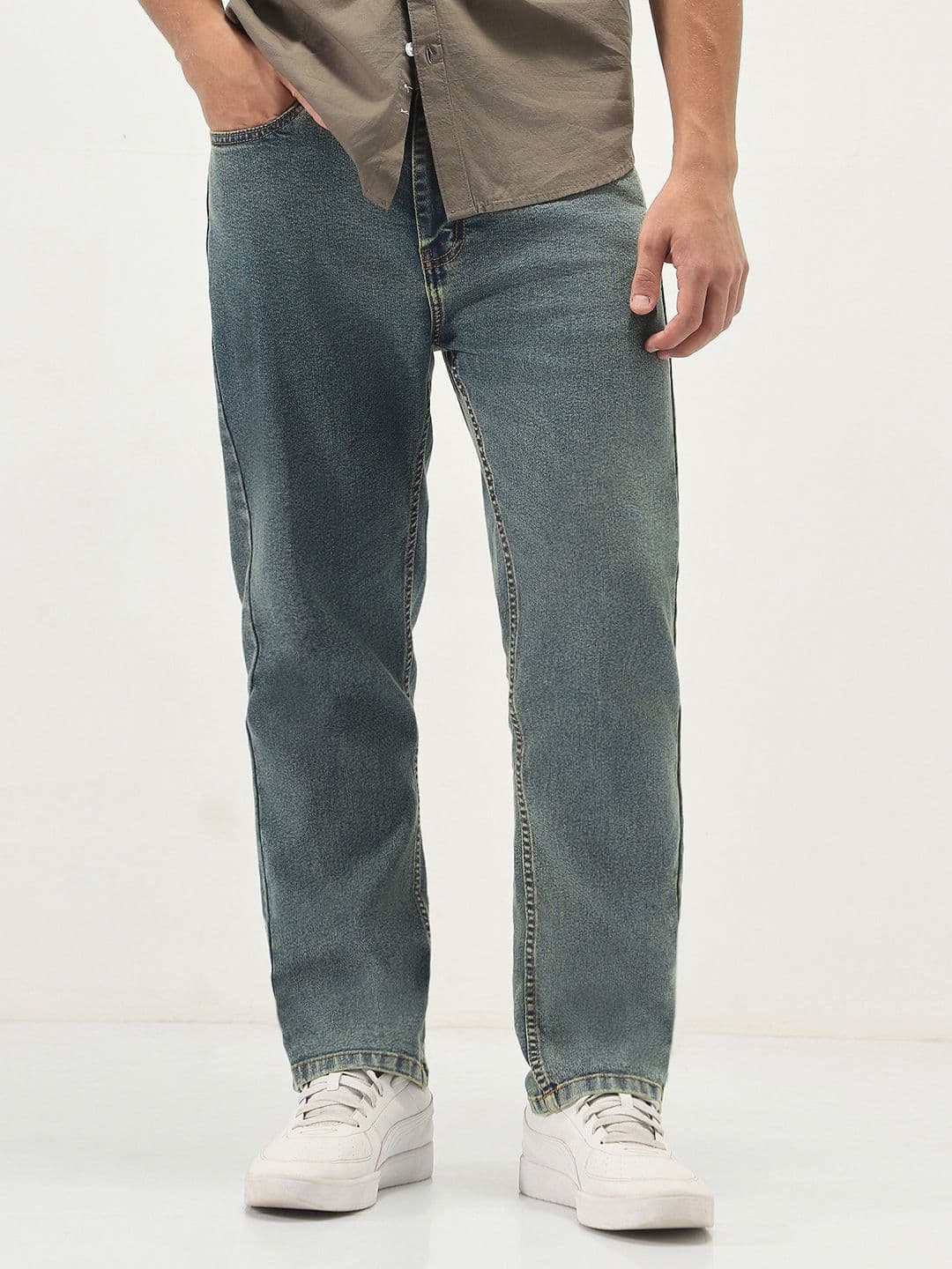 Urbano Fashion Men Light Blue Heavy Washed Stretchable Straight Fit Jeans - view 1