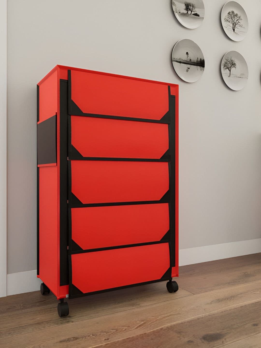 Fabura Red & Black 5-Layers Shoe Rack With Wheels - view 1