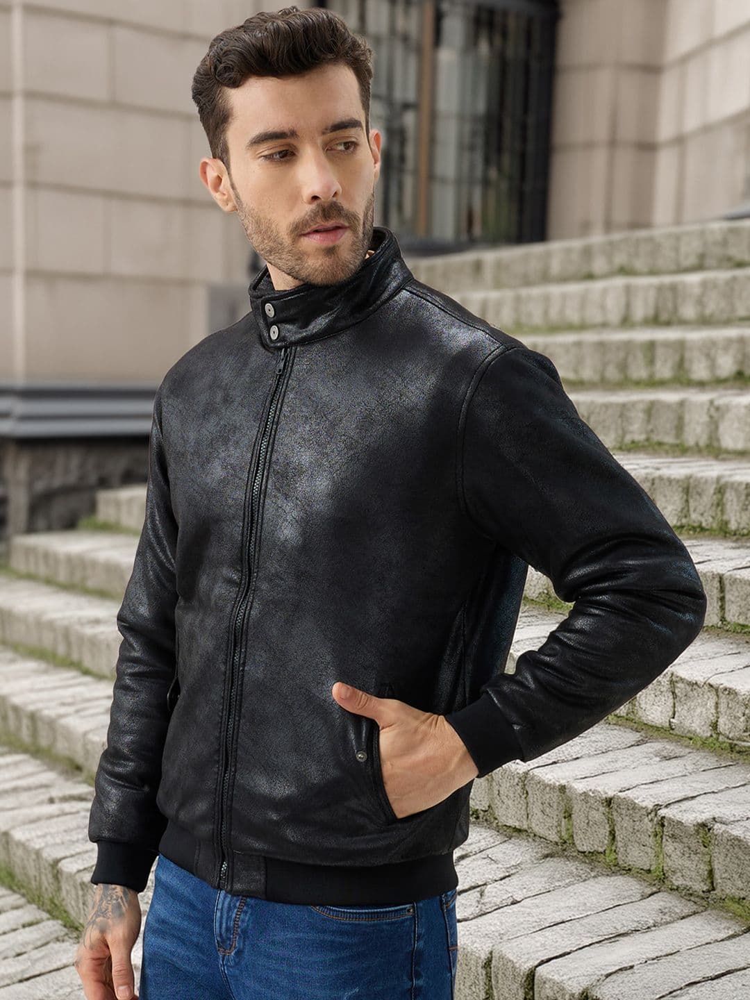 Status Quo Men Stand Collar Solid Lightweight Biker Jacket - view 1
