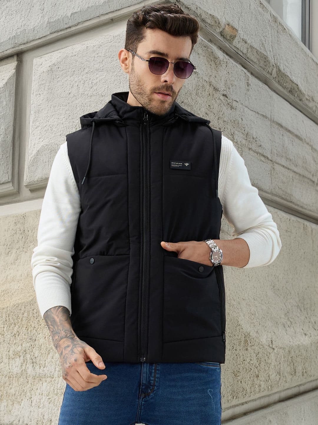 Status Quo Men Hooded Solid Lightweight Gilet Jacket - view 1
