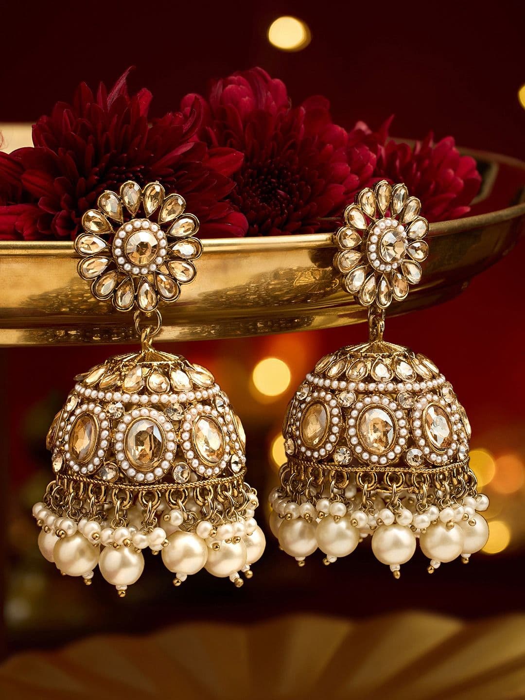 Zaveri Pearls Antique Gold-Plated Jhumkas Earrings - view 1