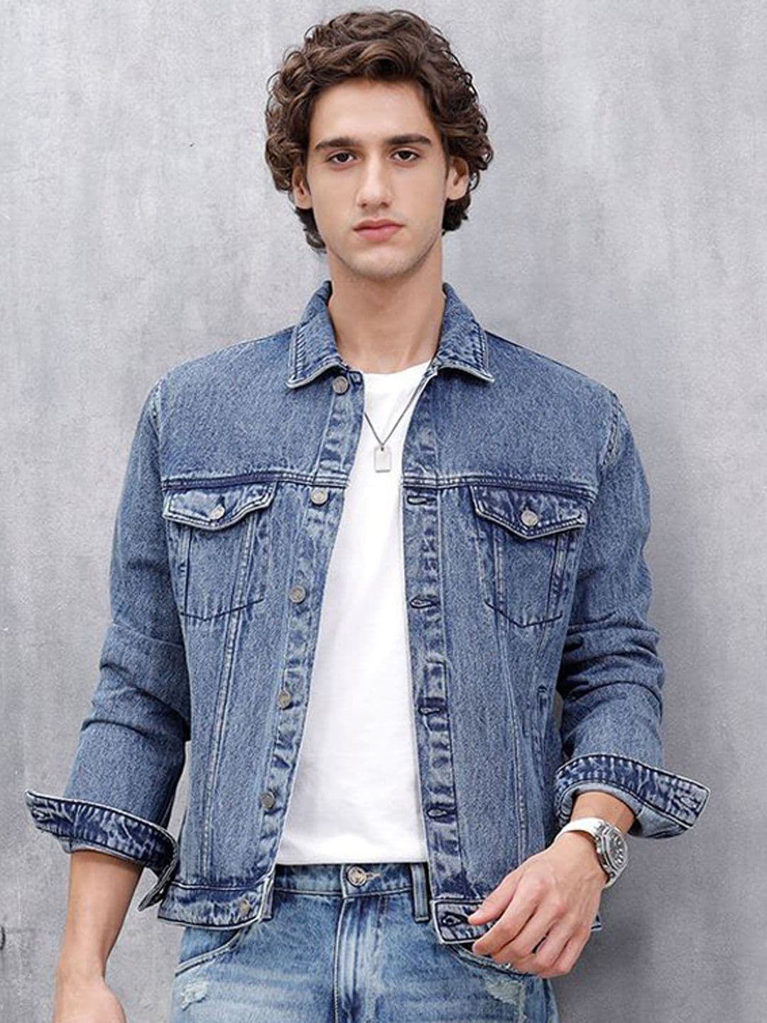 WROGN Men Spread Collar Washed Washed Denim Jacket - view 1
