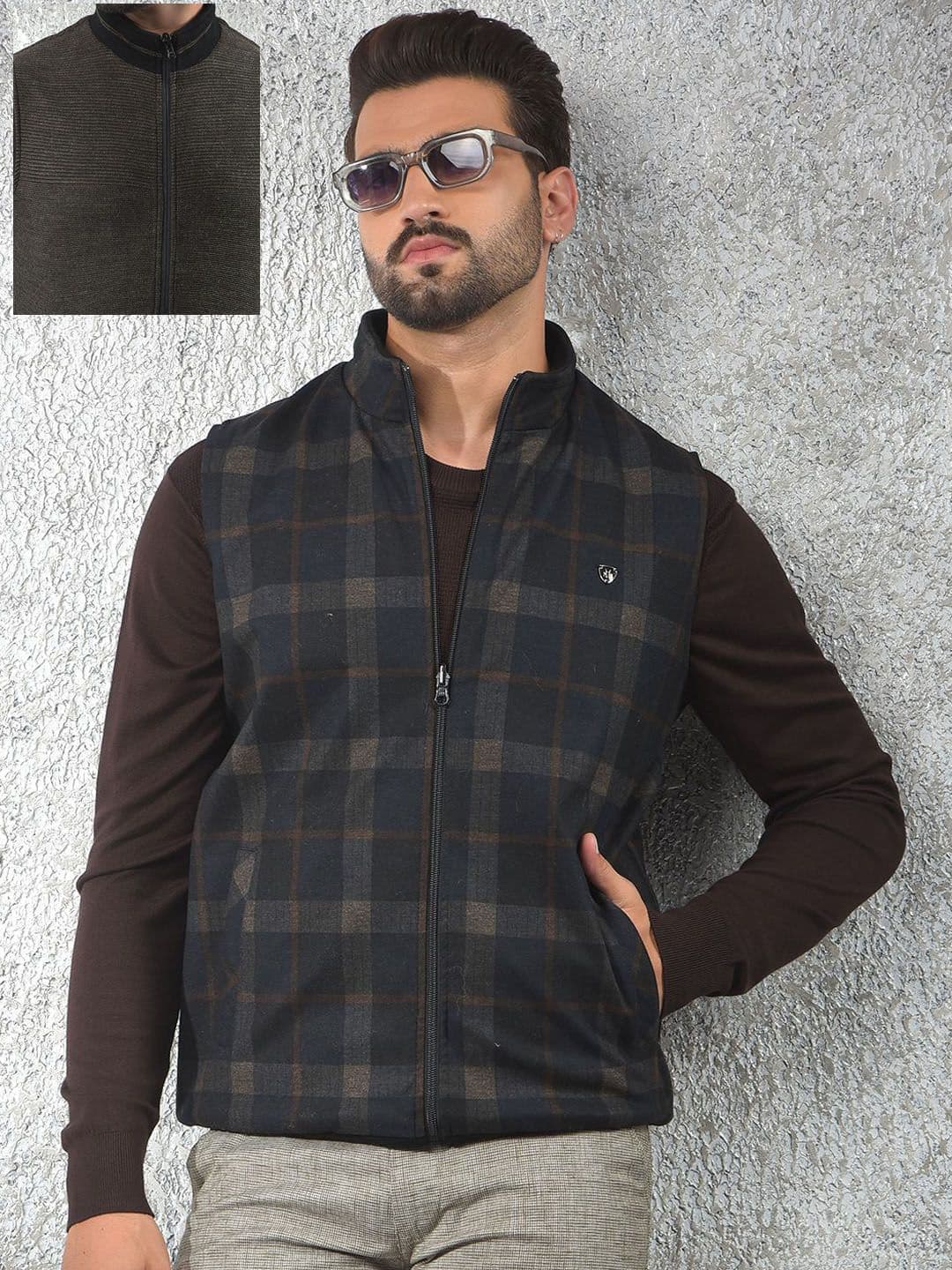 Crimsoune Club Men Mock Collar Checked Reversible Gilet Jacket - view 1