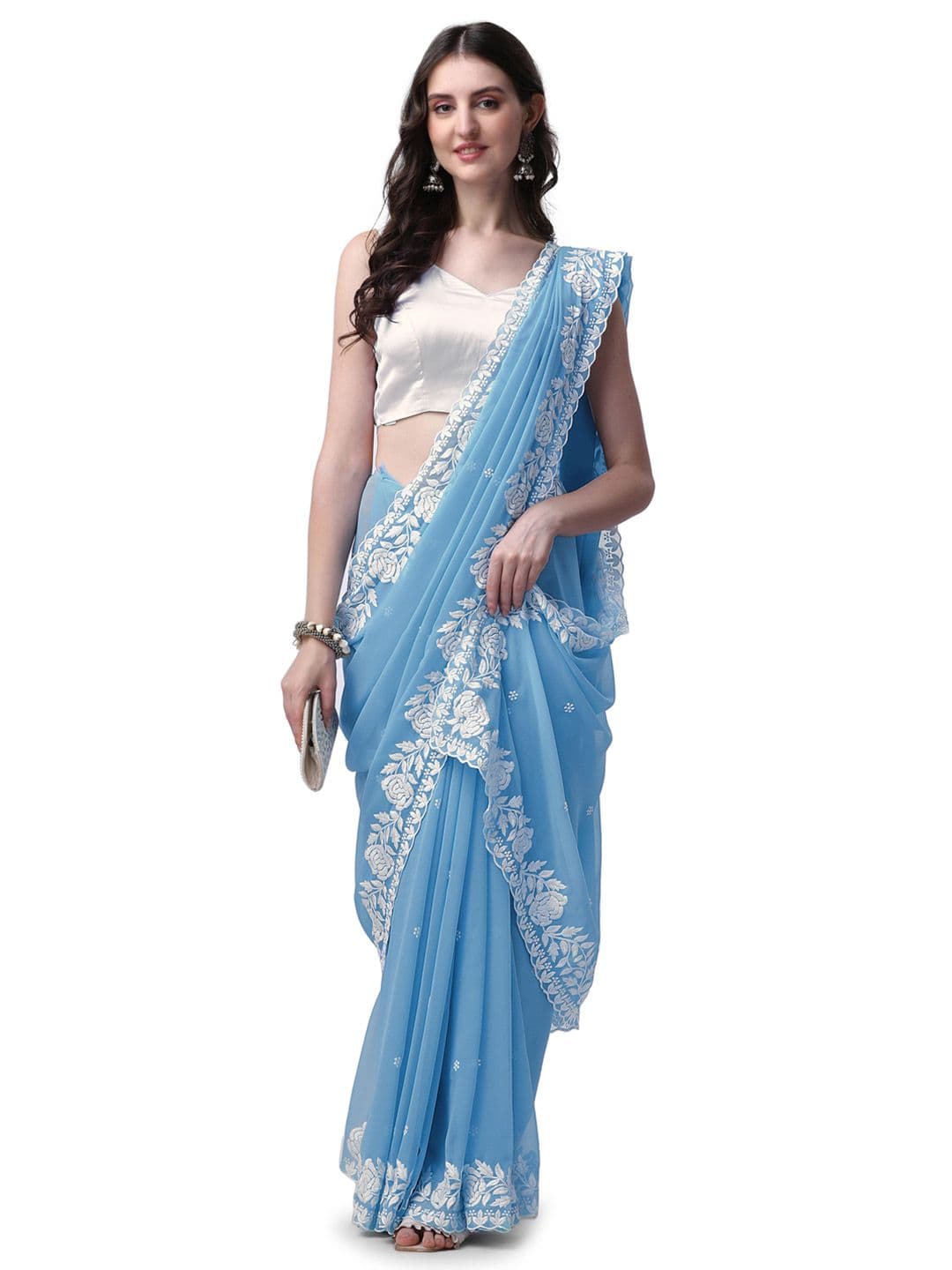 HESVI Floral Embroidered Pure Georgette Saree - view 1