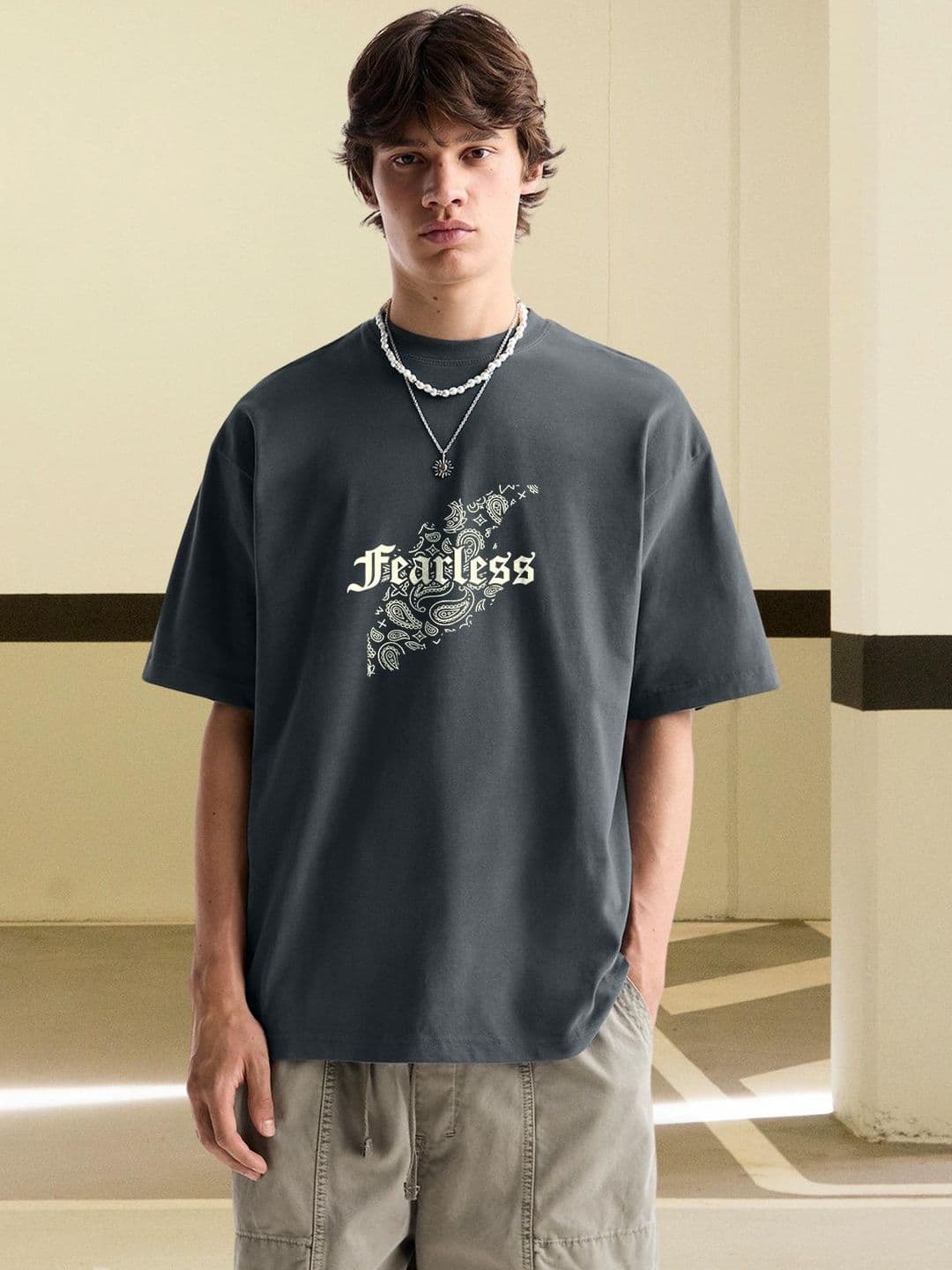 PRONK Typography Printed Round Neck Drop Shoulder Sleeves Cotton Oversized T-shirt - view 1