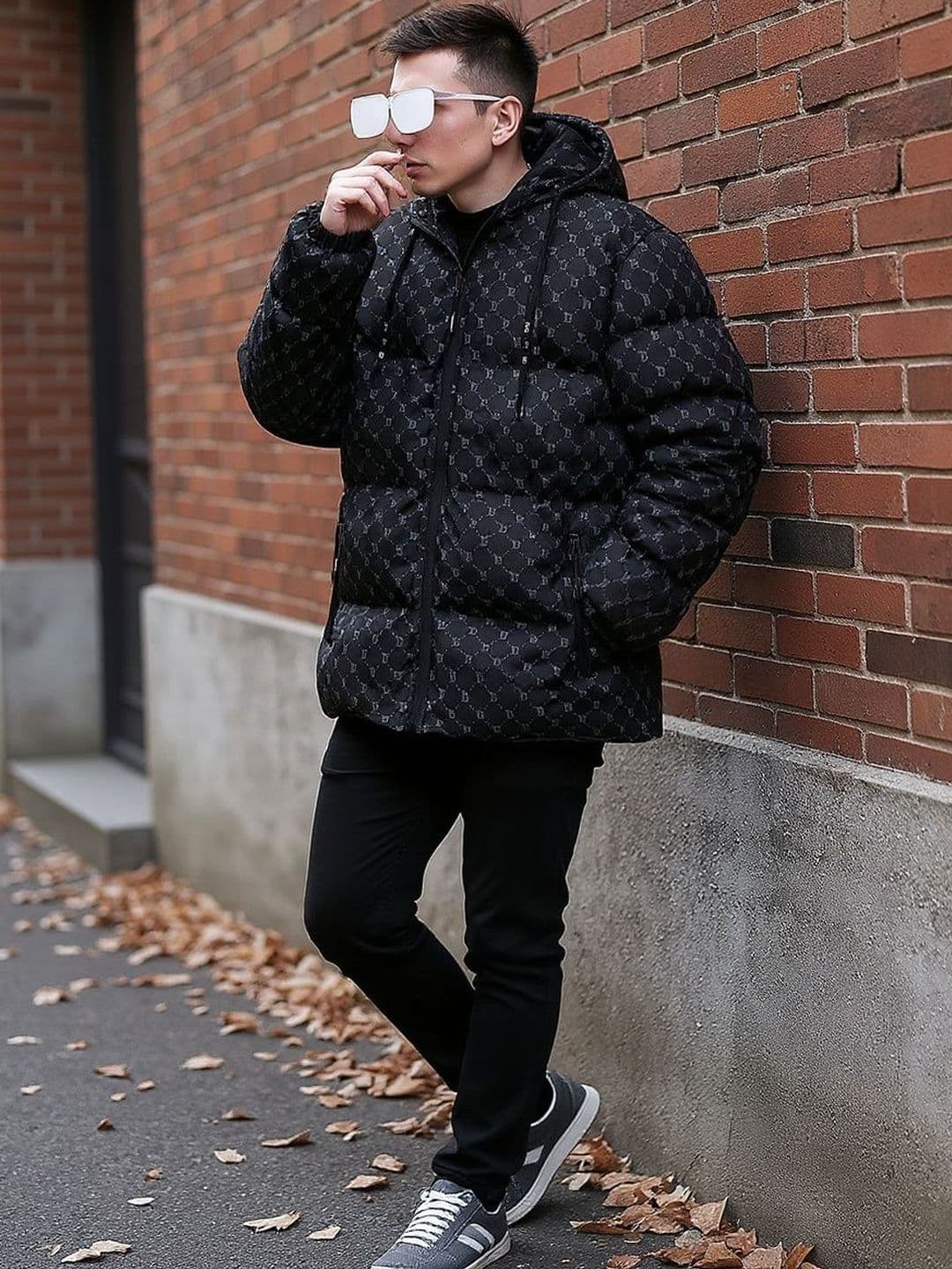 HERE&NOW Men Black Printed Mock Collar Polyester Overcoat Padded Jacket - view 1
