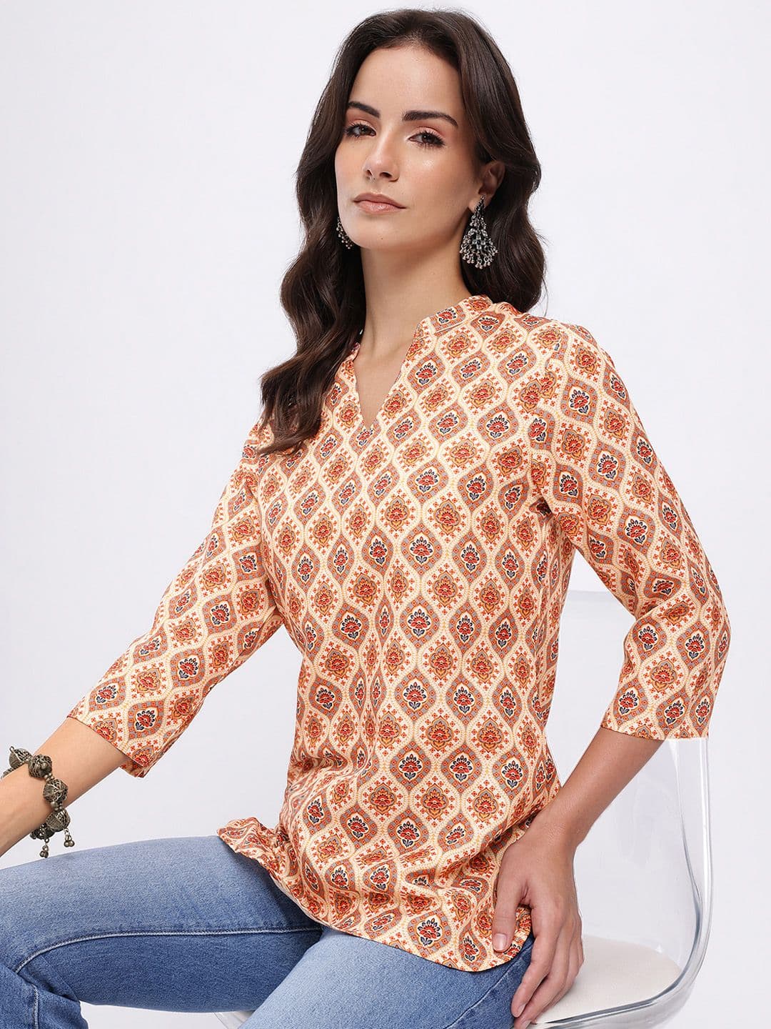 Anouk Rustic Ethnic Motif Printed Mandarin Collar Straight Kurti - view 1