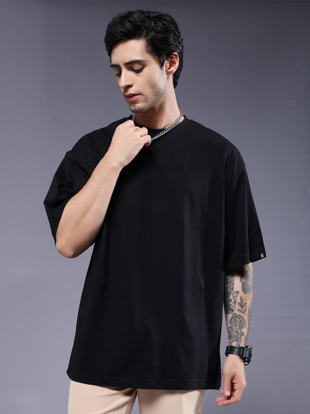 PRONK Men Solid Round Neck Cotton Oversized T-shirt - view 1