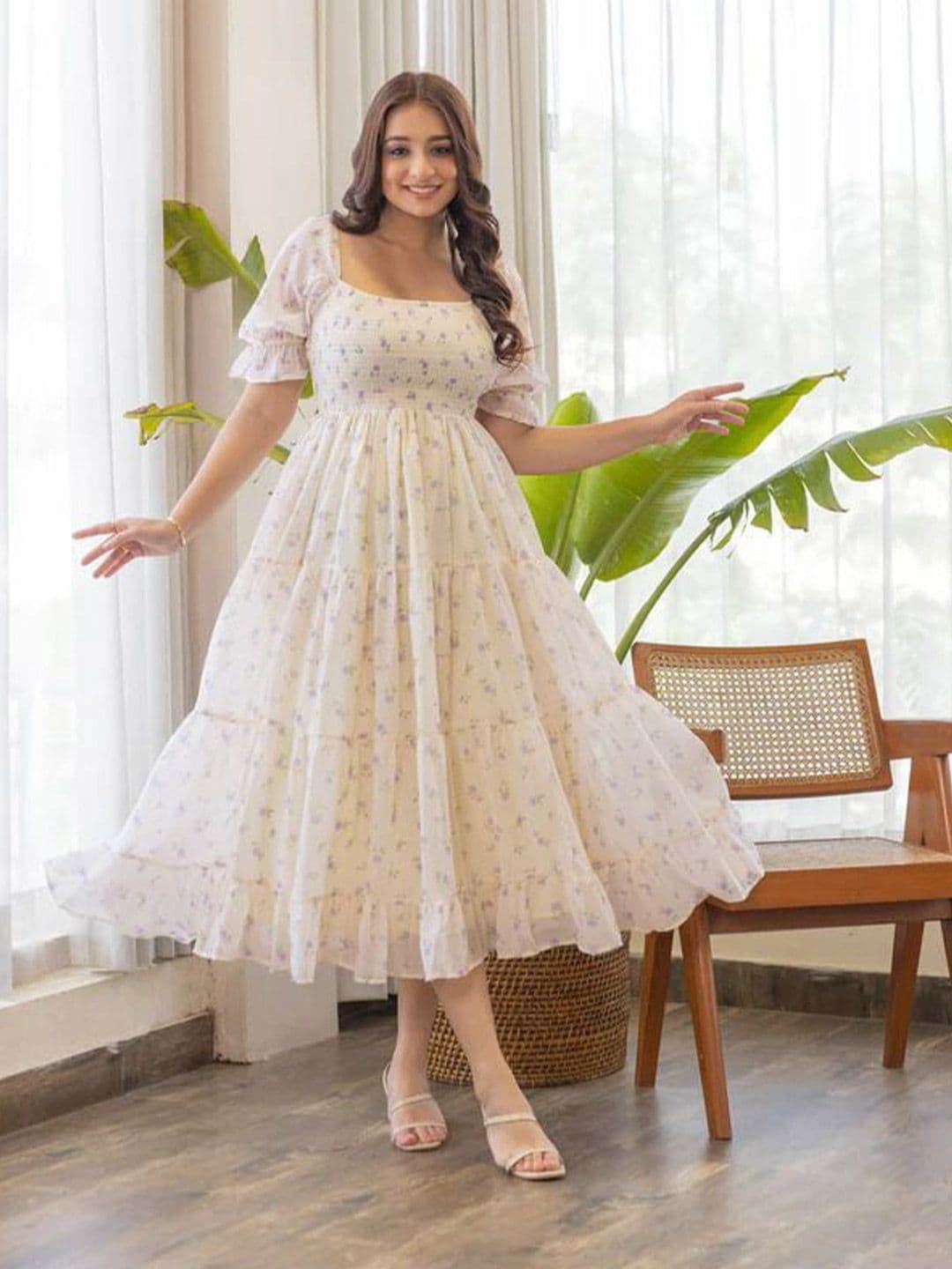 PTVIZE Floral Printed Tiered Puff Sleeve Georgette Fit & Flare Midi Dress - view 1
