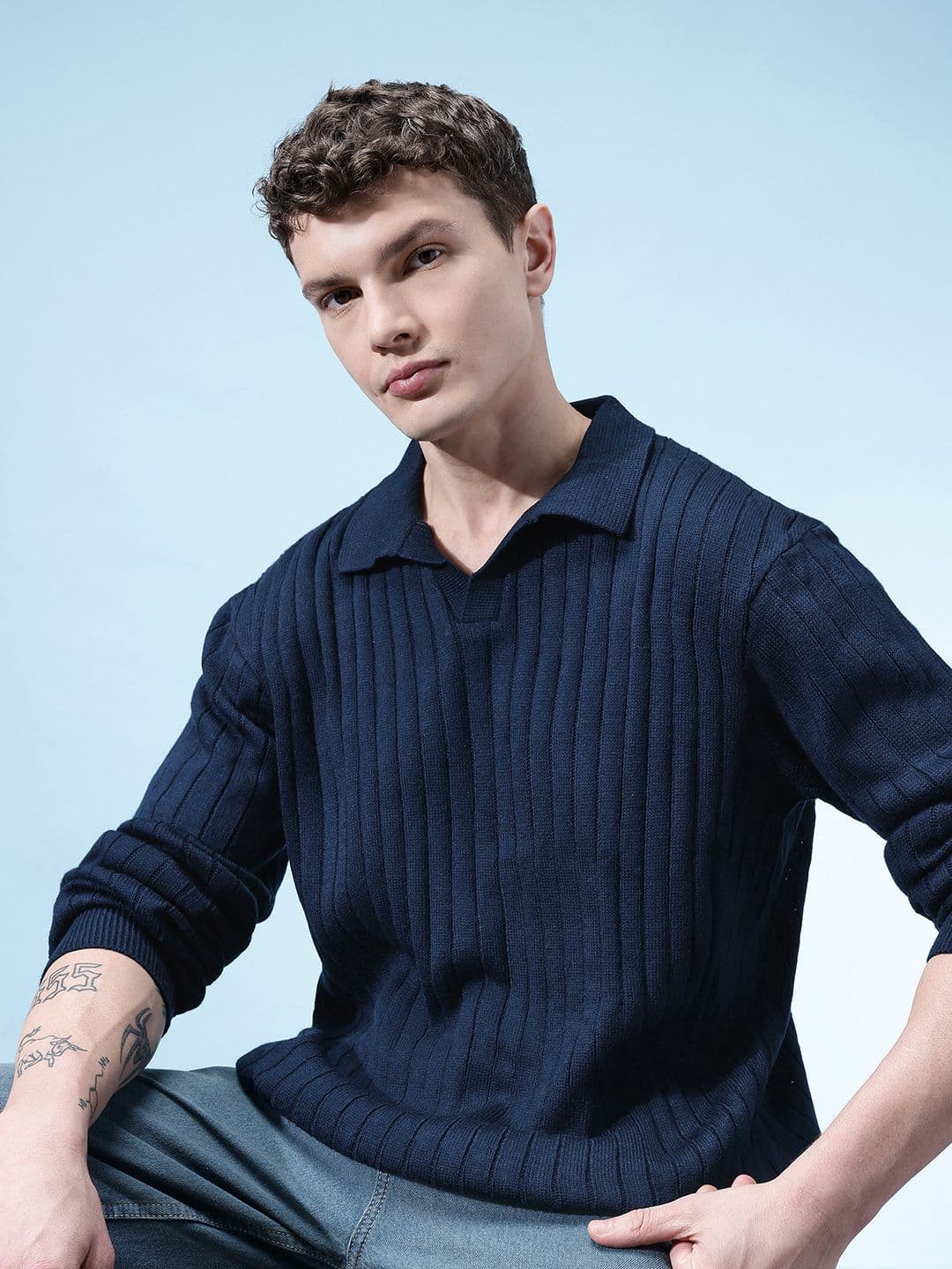 glitchez Shirt Collar Ribbed Pullover - view 1