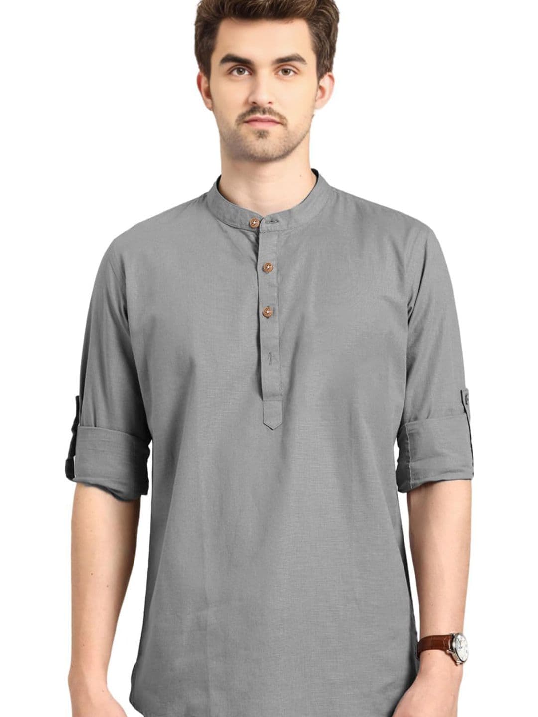 Go Stylish Band Collar Roll-Up Sleeves Straight Kurta - view 1