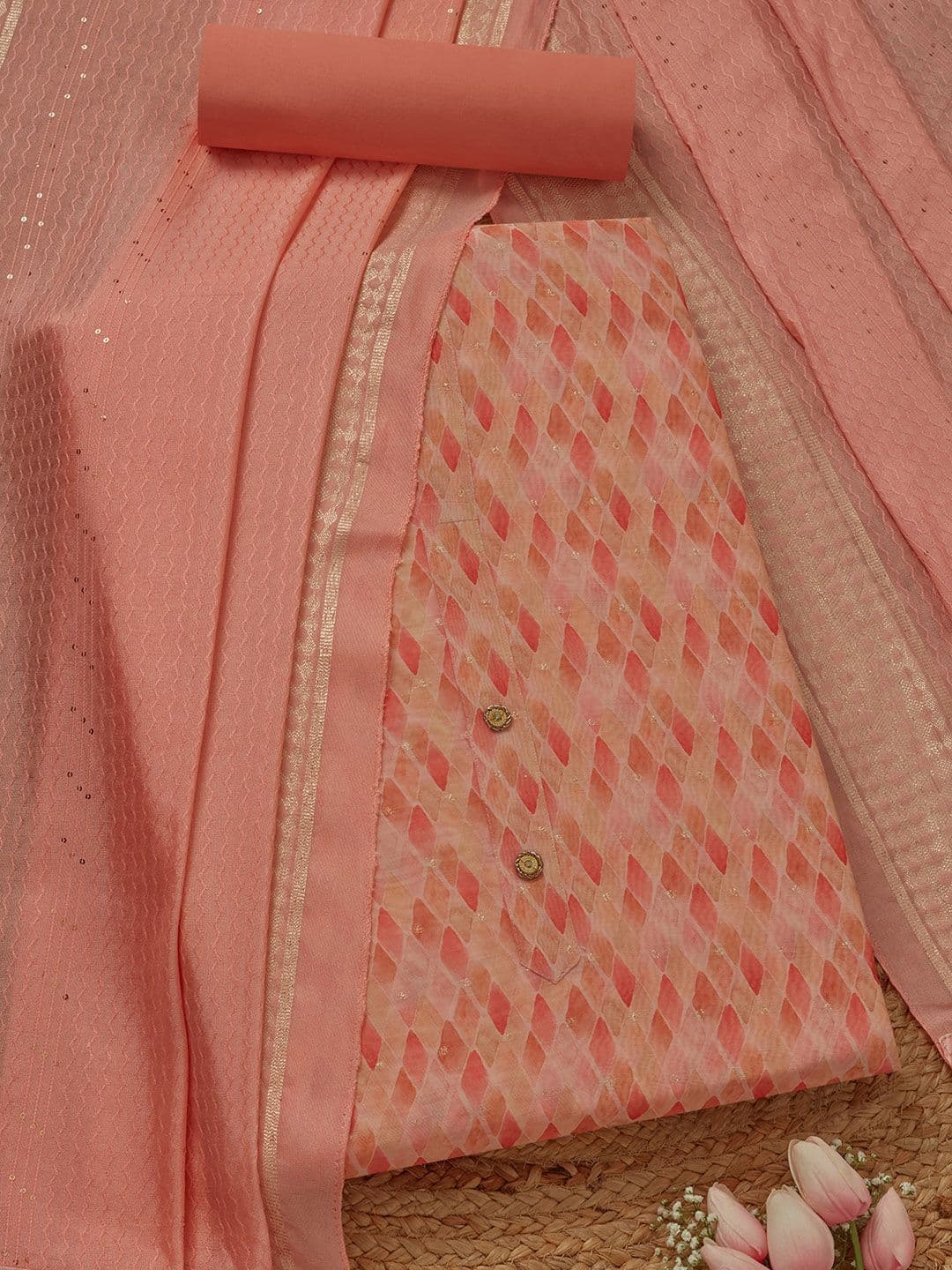 Soch Geometric Printed Zari Chanderi Cotton Unstitched Dress Material - view 1