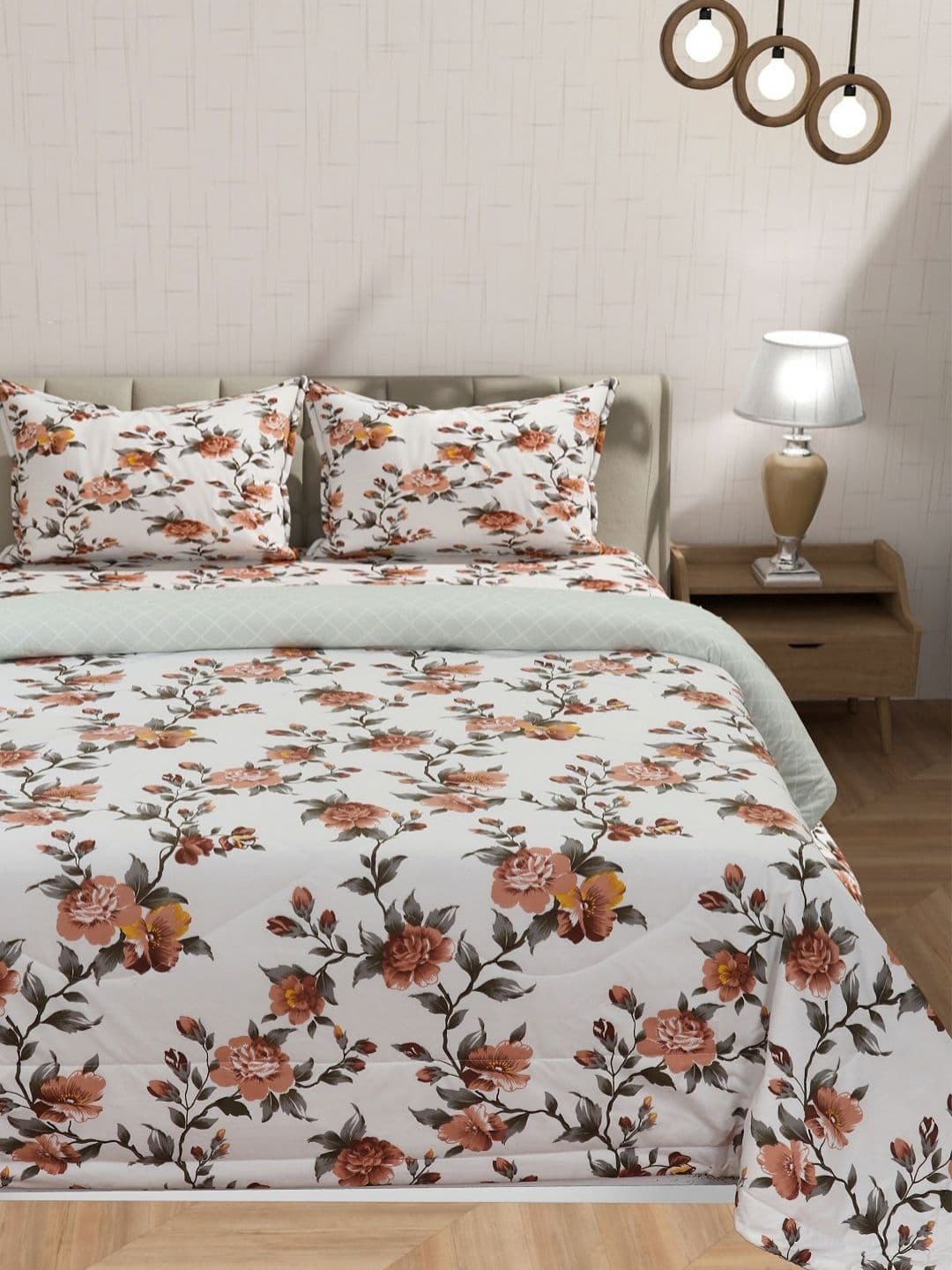 Florida Cream-Coloured & Brown 4 Pieces Floral Double Queen Superfine Bedding Set - view 1