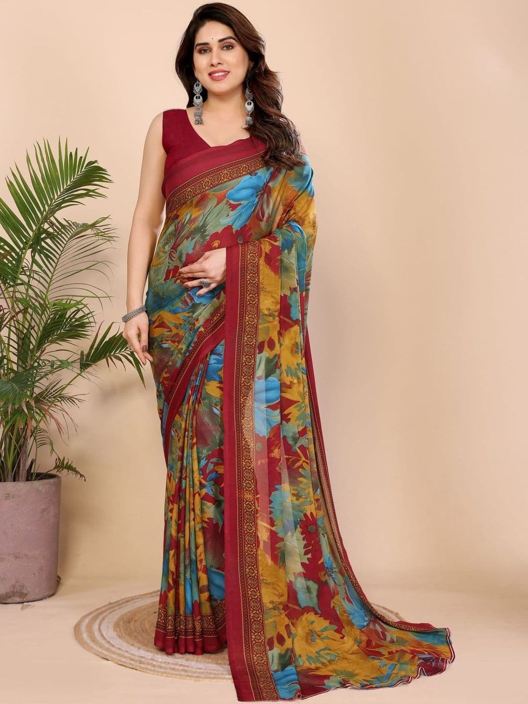 vj fashion Floral Printed Georgette Saree - view 1