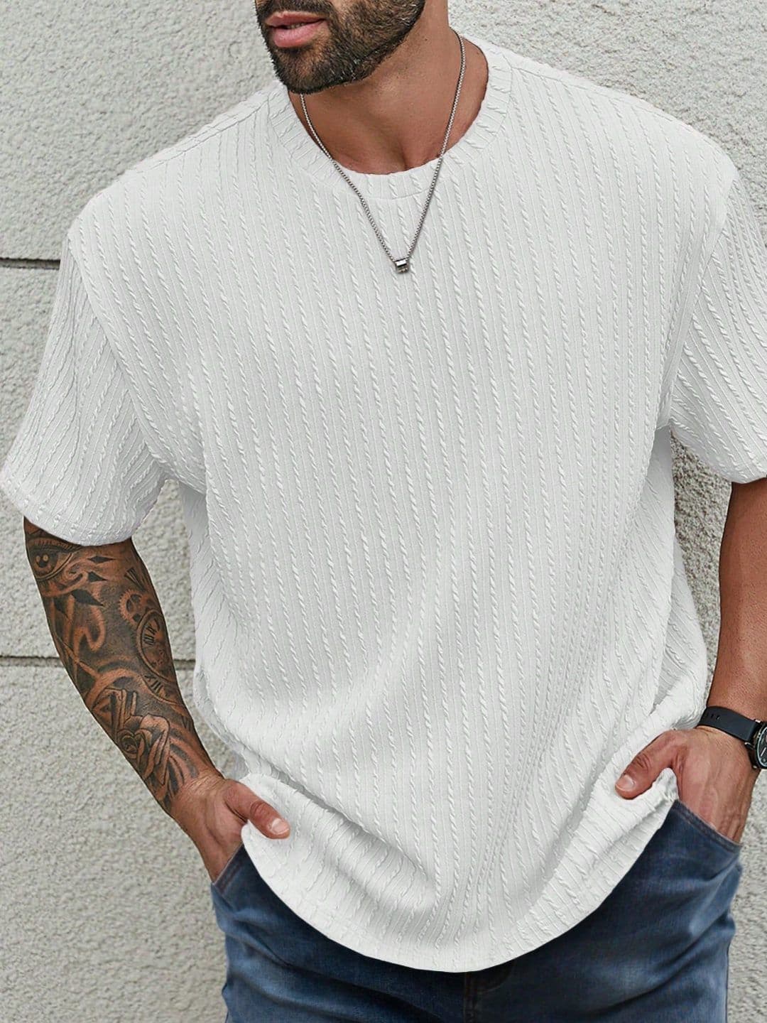 RAHI TRENDZ Men Self Design Round Neck Relaxed Fit T-shirt - view 1