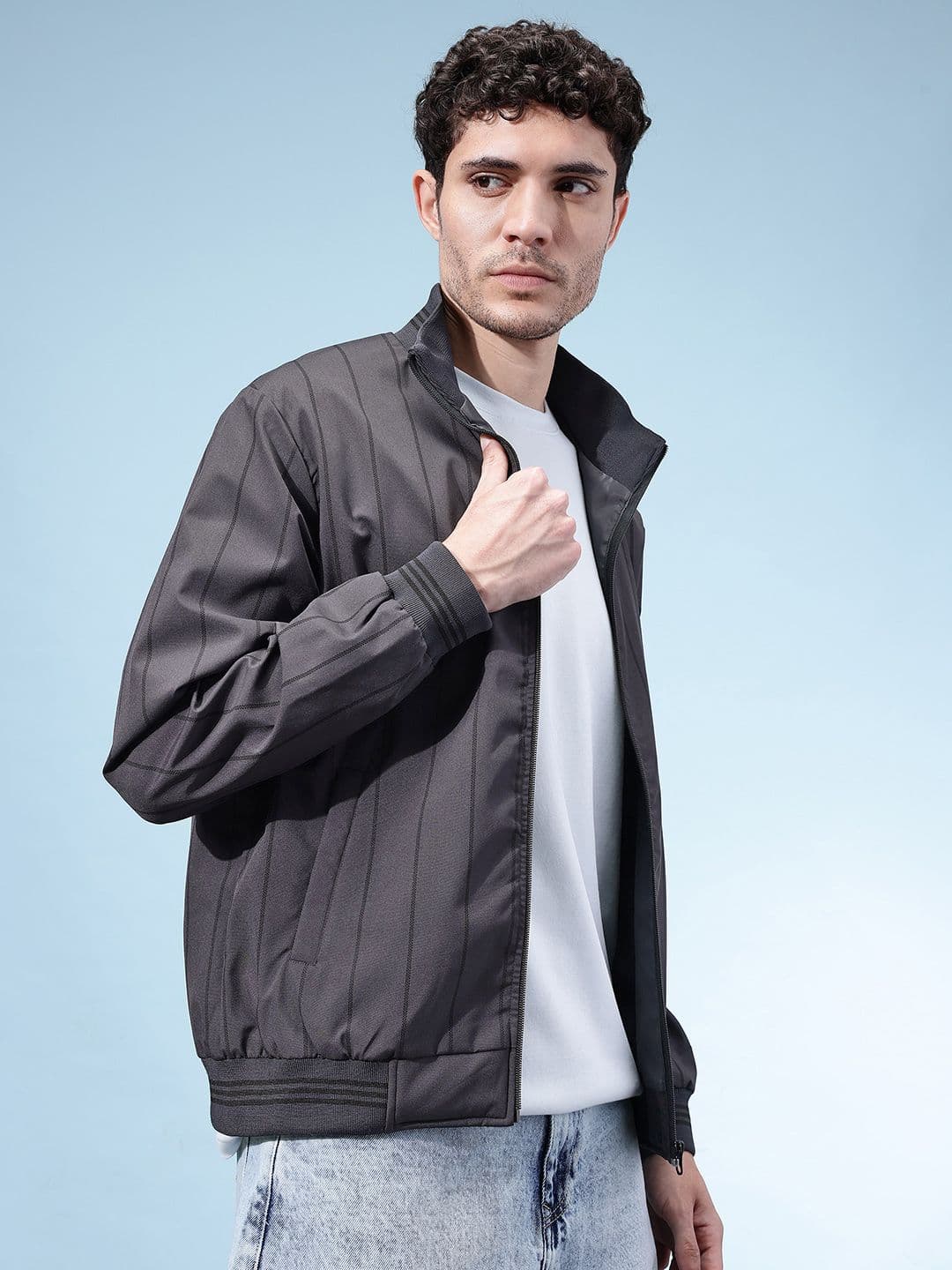 SZN Stiped Mock Collar Windcheater Bomber Jacket - view 1