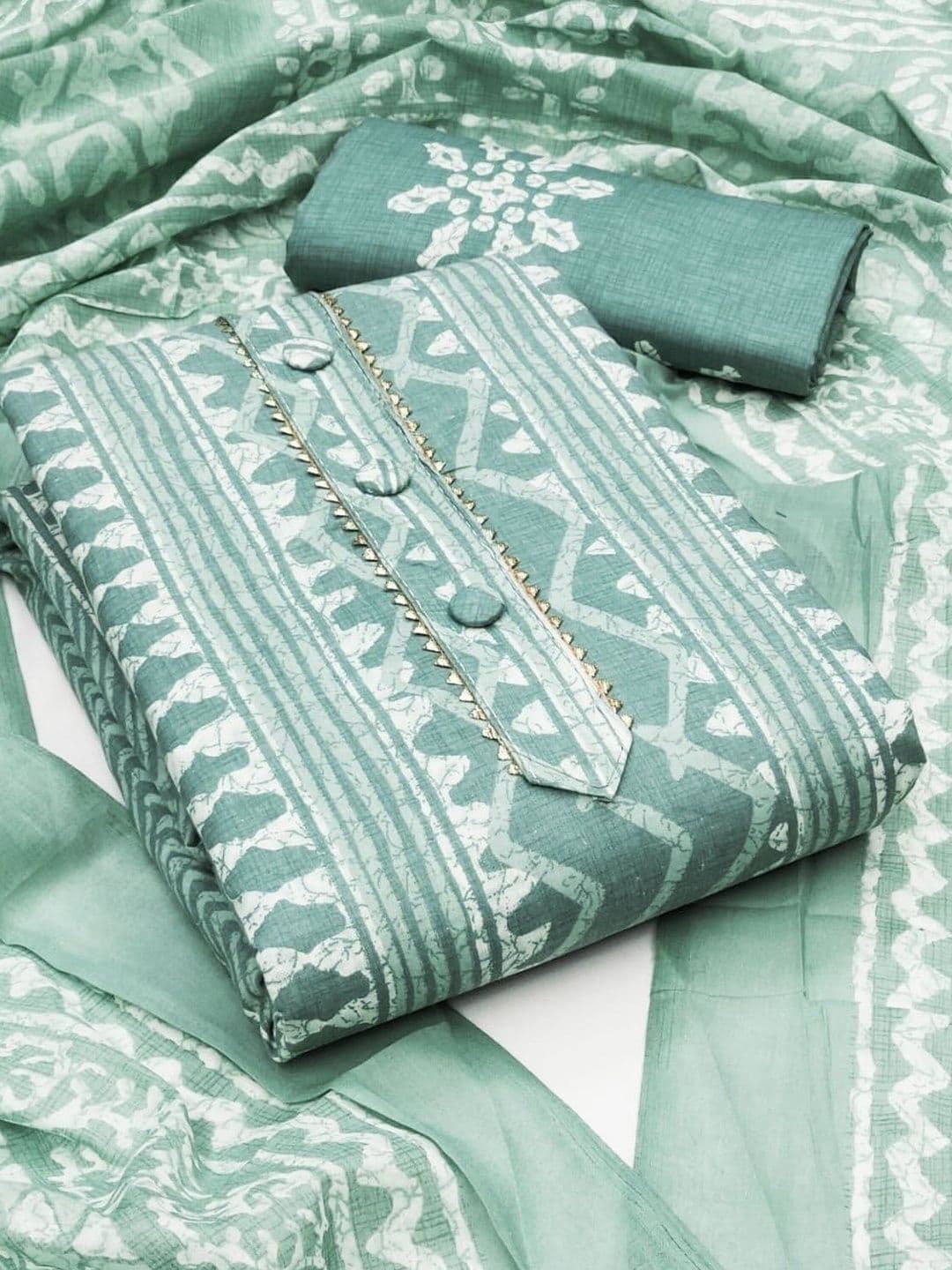 Moda Rapido Women Sea Green Cotton Batik Printed Unstitched Dress Material - view 1