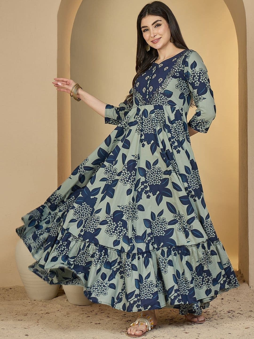 Sangria Women Blue & Green Floral Printed Mirror Work Cotton Anarkali Kurta - view 1