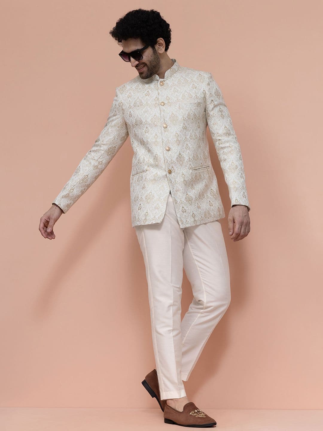 KISAH Men Off White Ethnic Motifs Woven Design Jodhpuri Bandhgala Trouser Set - view 1