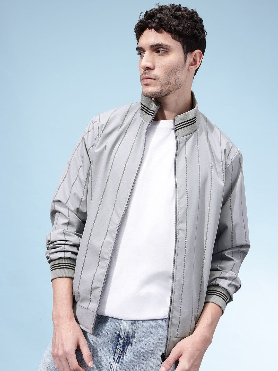 SZN Vertically Striped Mock Collar Windcheater Bomber Jacket - view 1