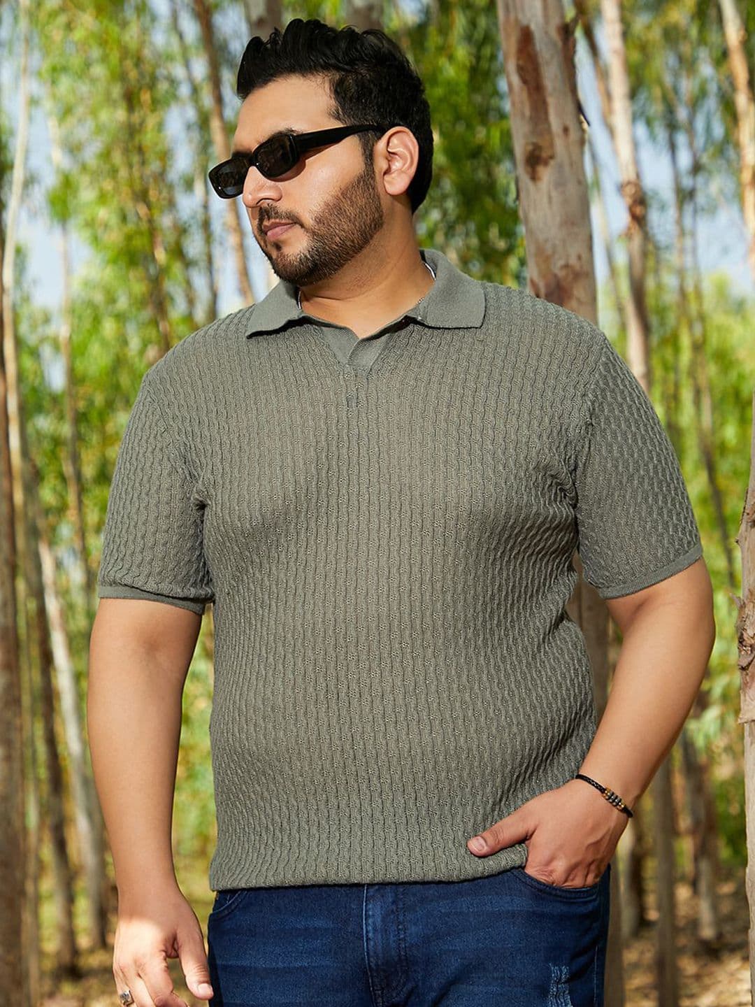 Instafab Plus Textured Polo Collar Linen T-shirt - view 1