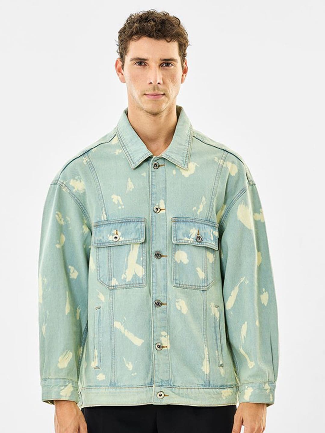 Snitch Men Spread Collar Washed Printed Denim Jacket - view 1