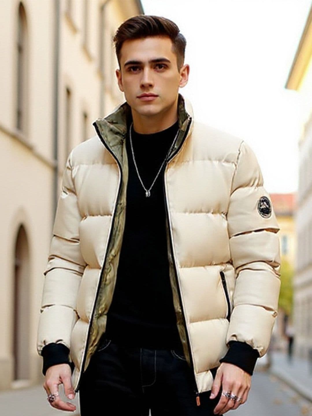 HERE&NOW Men Beige Solid Mock Collar Casual Winter Puffer jacket - view 1