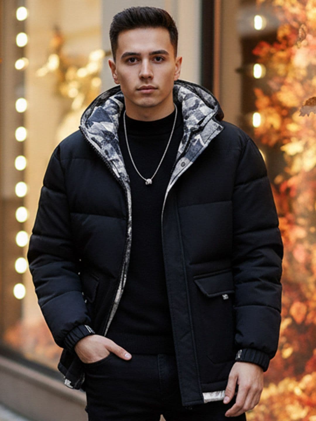 HERE&NOW Men Black Solid Mock Collar Polyester Overcoat Padded Jacket - view 1