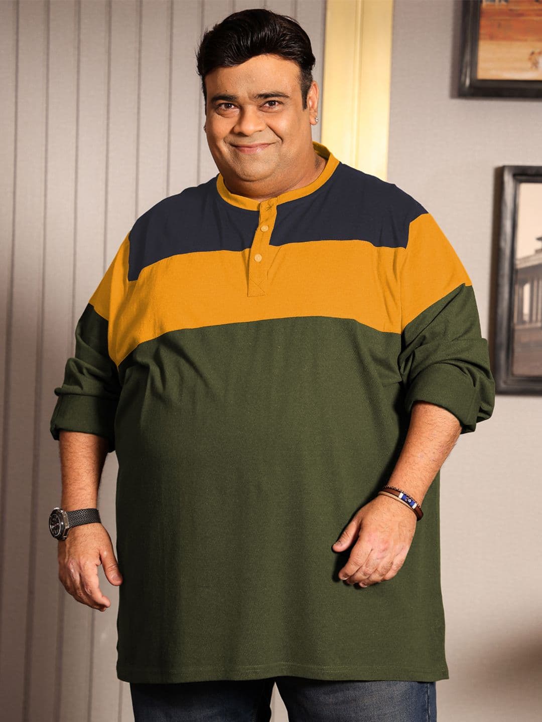 bigbanana Plus Size Men Yellow Olive Green Colourblocked Mandarin Collar Pure Cotton T-shirt - view 1
