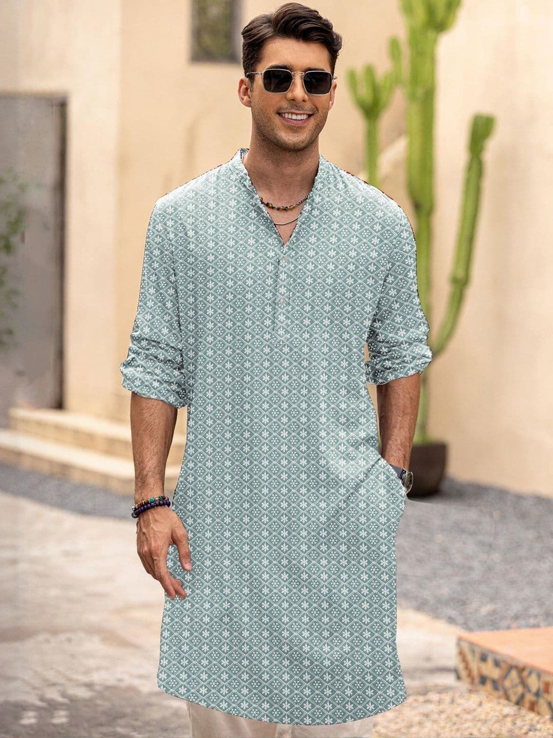 Anouk Men Teal Cotton Embroidered Straight Kurtas - view 1