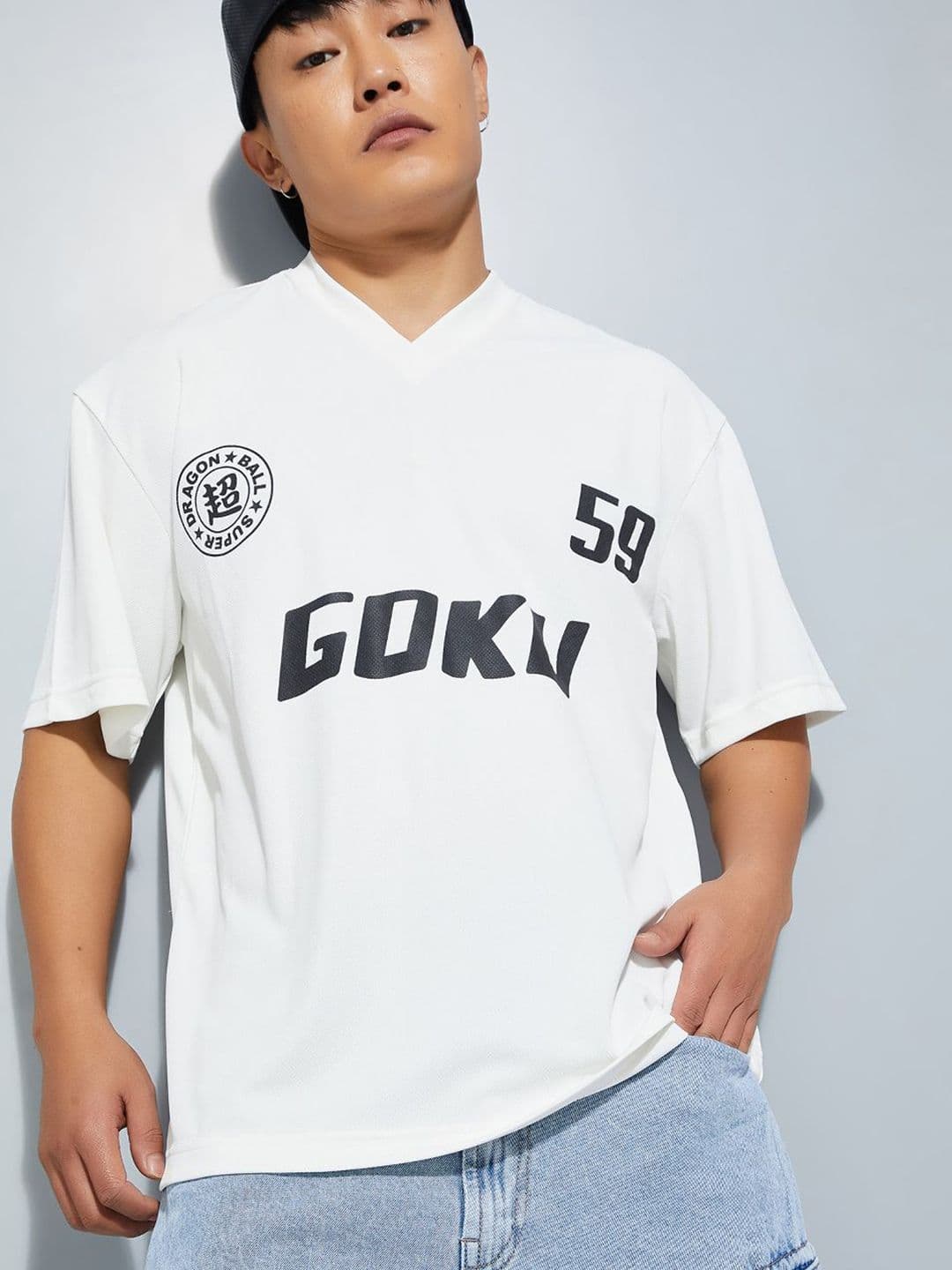 max Typography Printed V-Neck Drop-Shoulder Sleeves Oversized T-Shirt - view 1