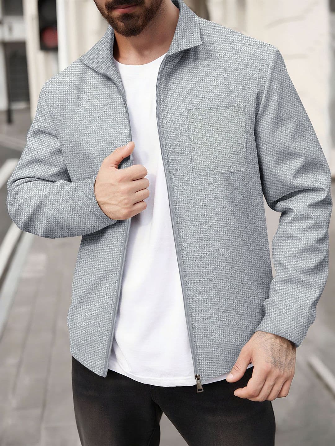 StyleCast x Revolte Men Grey Self Design Jacket - view 1