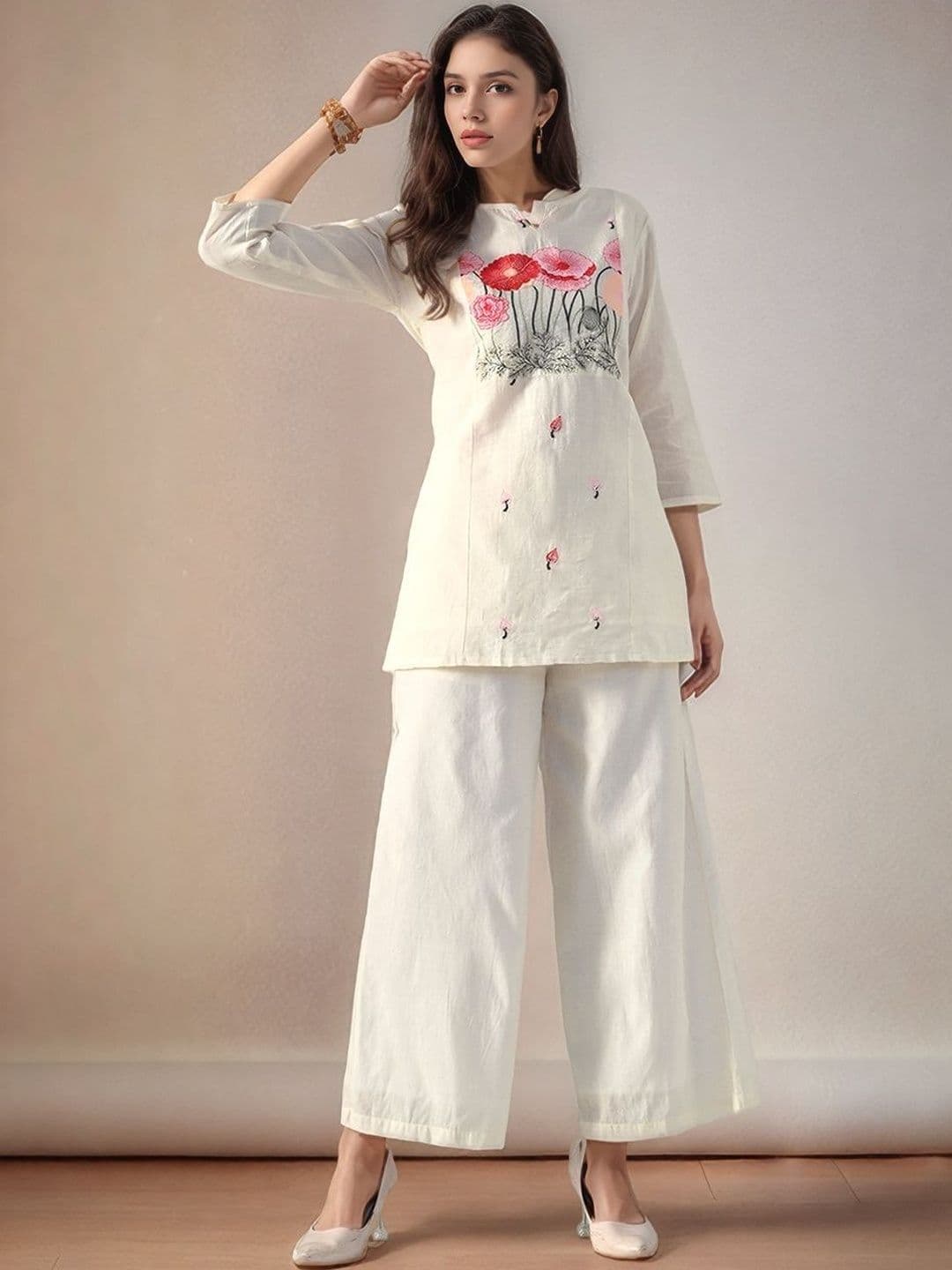 Sangria Women Floral Embroidered V Neck Pure Cotton Tunic & Trousers Co-Ord Set - view 1