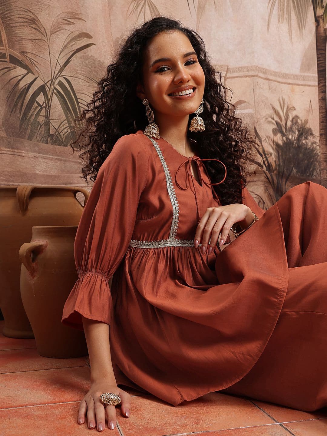 Sangria Floral Embroidered Tie-Up Neck Gotta Patti Detail Ethnic Tunic with Palazzos - view 1