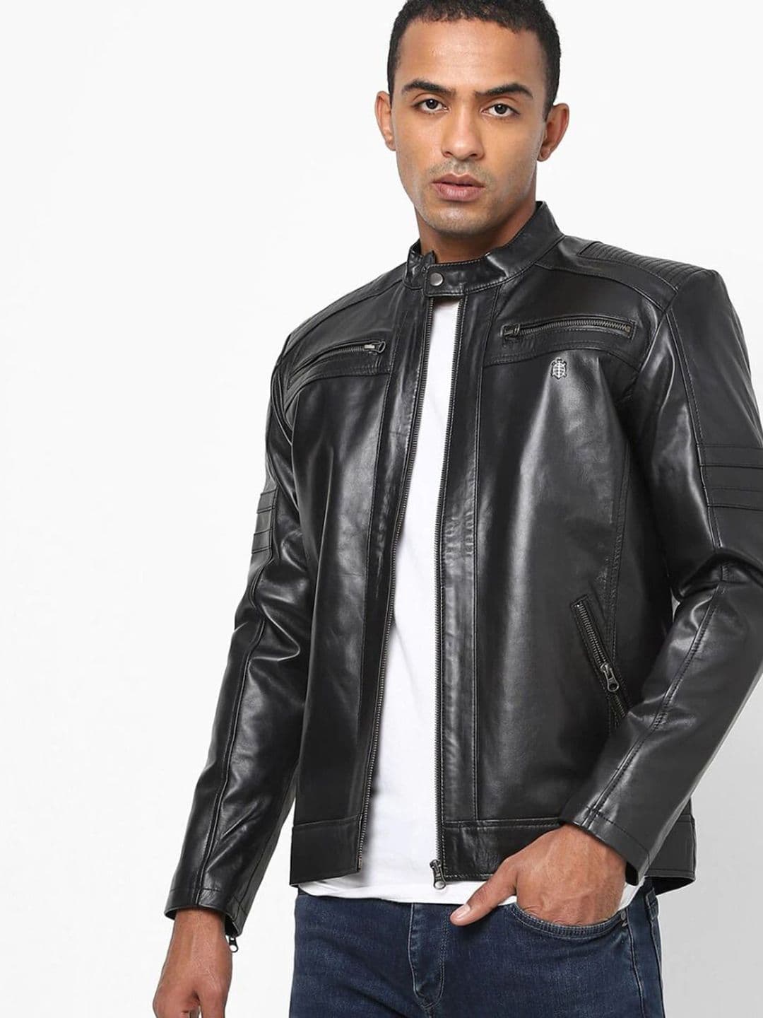 Tortoise Mandarin Collar Lightweight Leather Jacket - view 1
