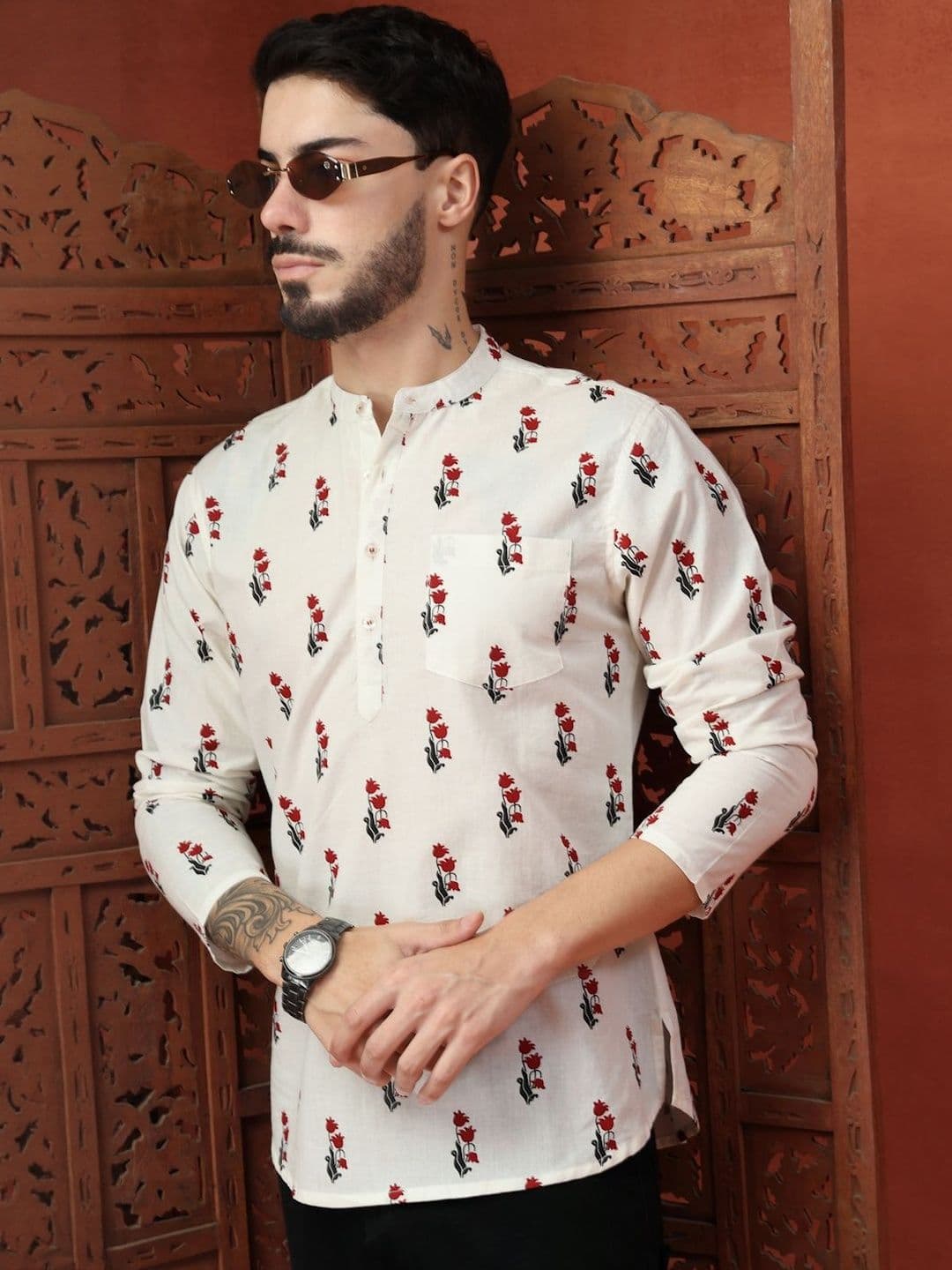 Sangria Men Floral Cotton Kurtas - view 1
