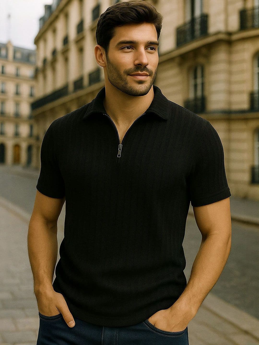 Moda Rapido Self Design Half-Zip Polo Collar Short Sleeves Slim Cotton Fit T-shirt - view 1