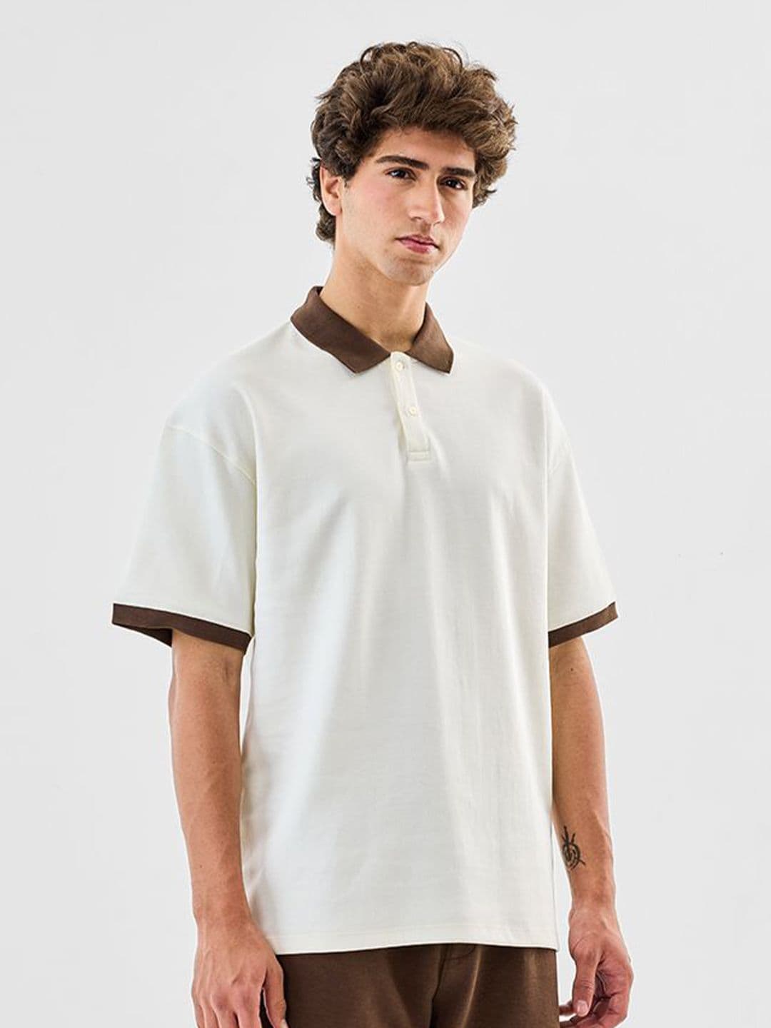 Snitch Oversized Polo Collar Drop-Shoulder Sleeves Pure Cotton T-Shirt - view 1