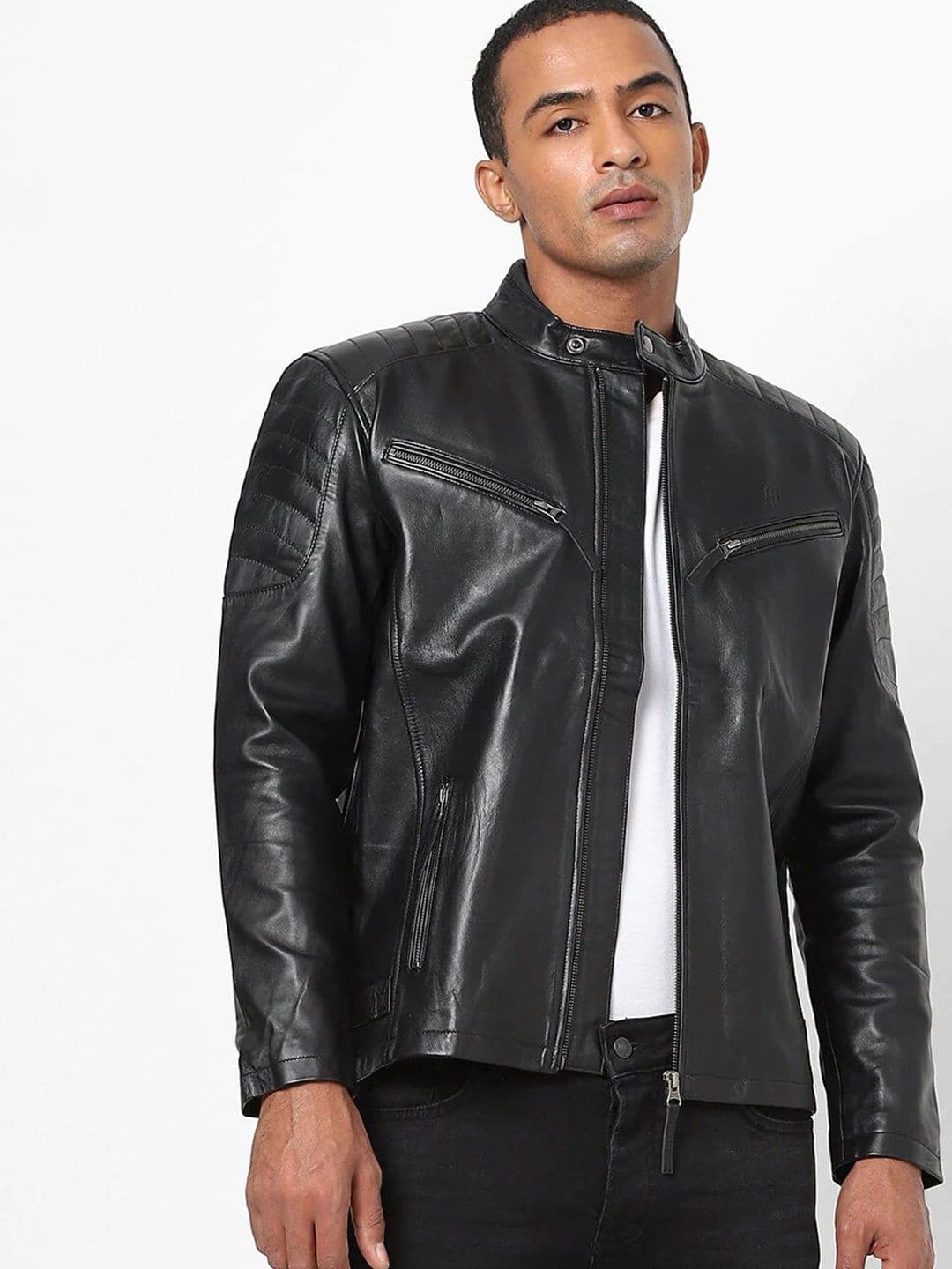 Tortoise Men Solid Stand Collar Lightweight Leather Jacket - view 1
