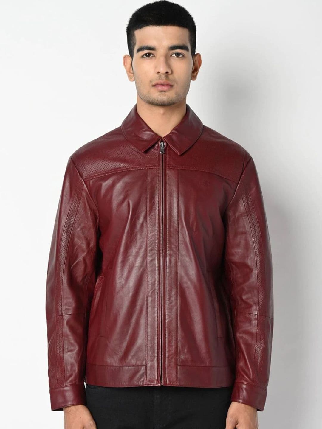 Tortoise Spread Collar Leather Biker Jacket - view 1