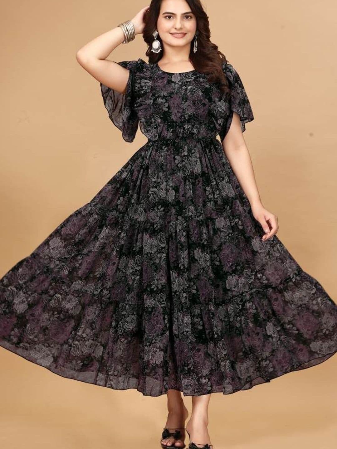 Zanies Women Georgette Floral Printed Ruffles Tiered Fit & Flare Maxi Dress - view 1