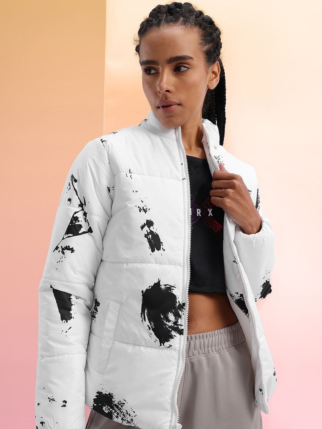 HRX by Hrithik Roshan Abstract Print Mock Collar Padded Jacket - view 1