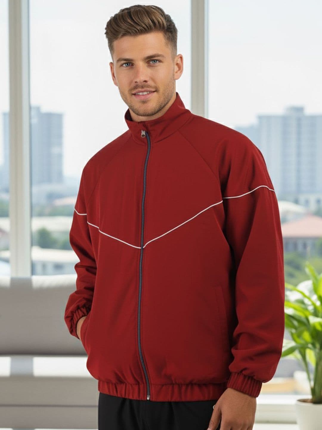 CHKOKKO Men Stand Collar Solid Windcheater Sporty Jacket - view 1