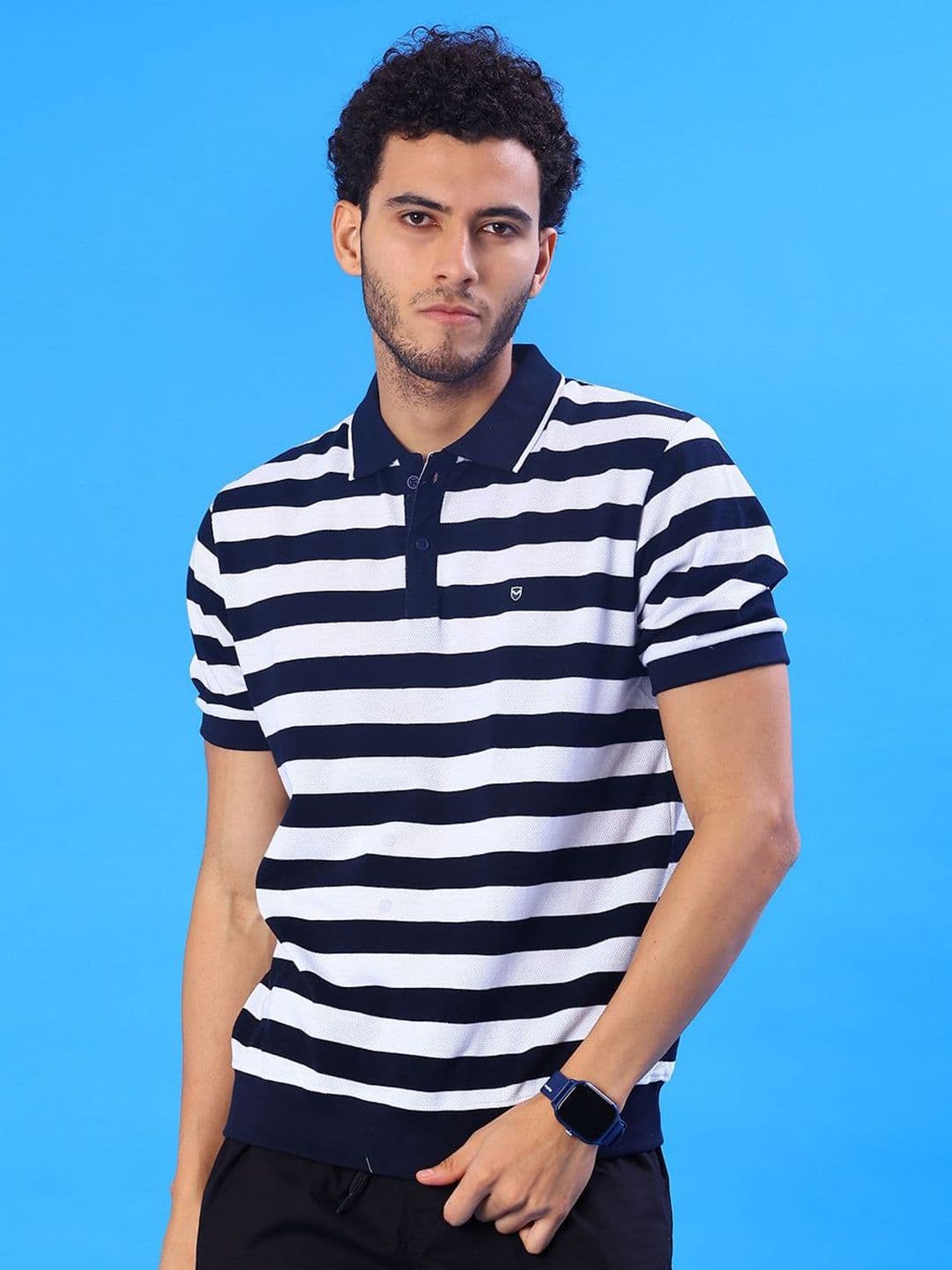 V-Mart Men Striped Polo Collar Cotton T-shirt - view 1