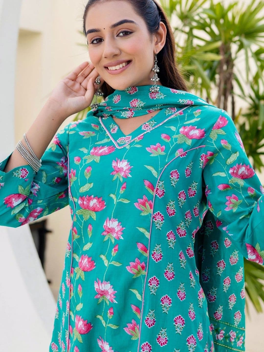 Kohsh Women Floral Printed Cotton Kurta with Trousers & Dupatta - view 1