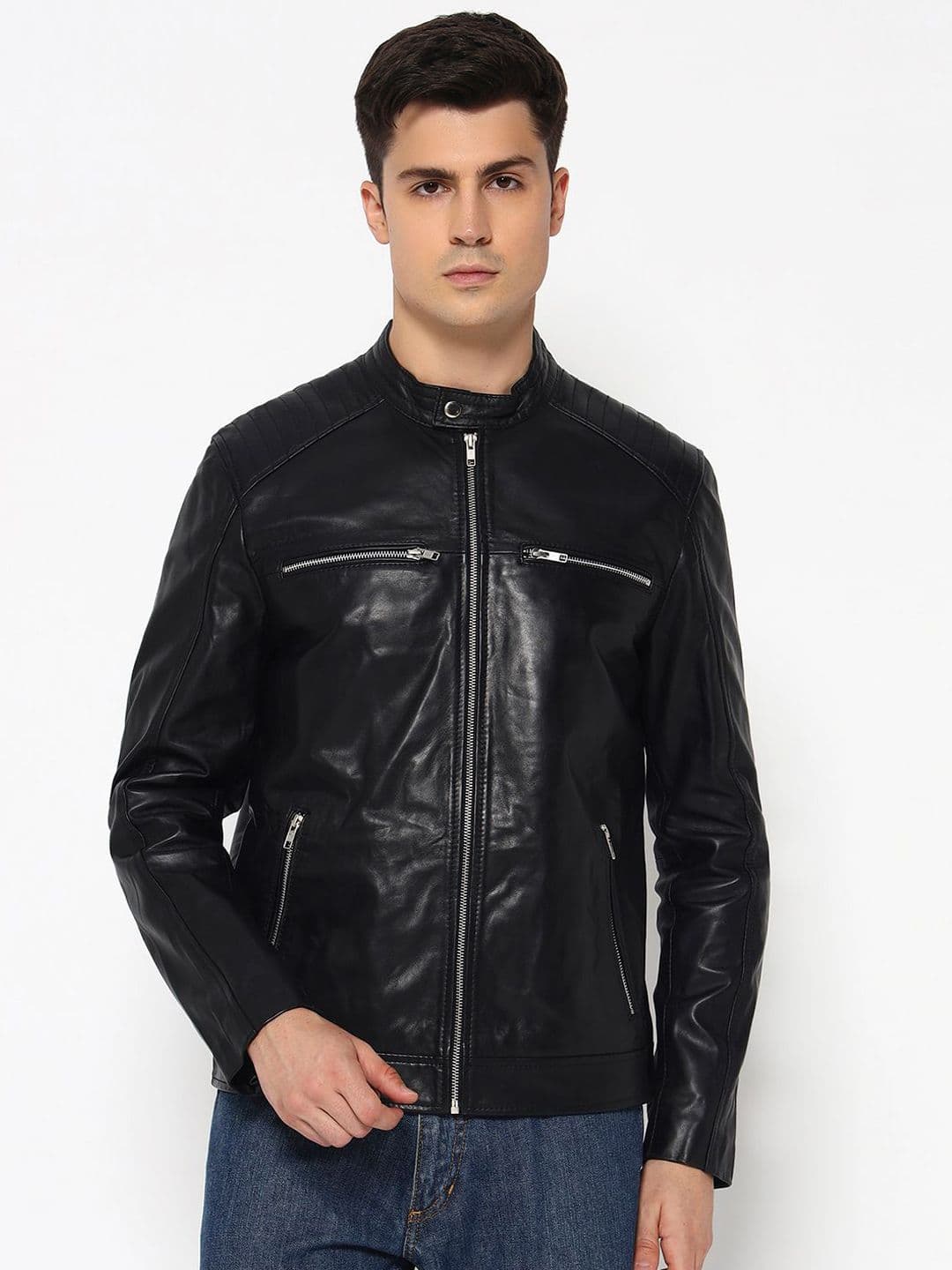 MaheTri Men Mandarin Collar Adventure Black Leather Biker Jacket - view 1