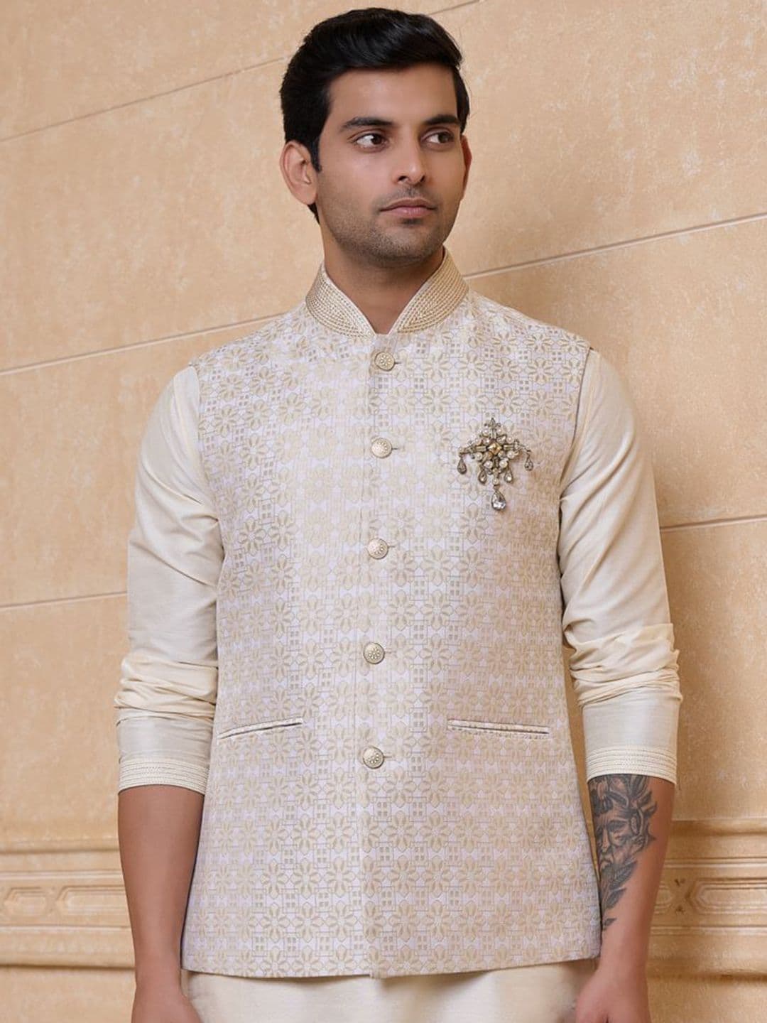 Tasva Men Ethnic Motifs Woven Design Brocade Nehru Jacket - view 1