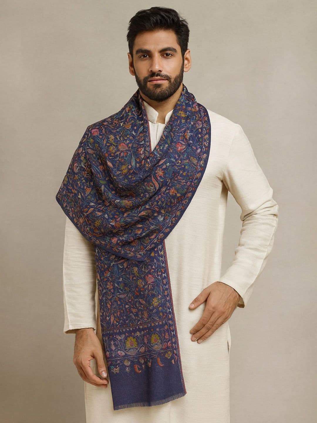 MUFFLY Men Kalamkari Woven Design Stole with Fringed Border - view 1