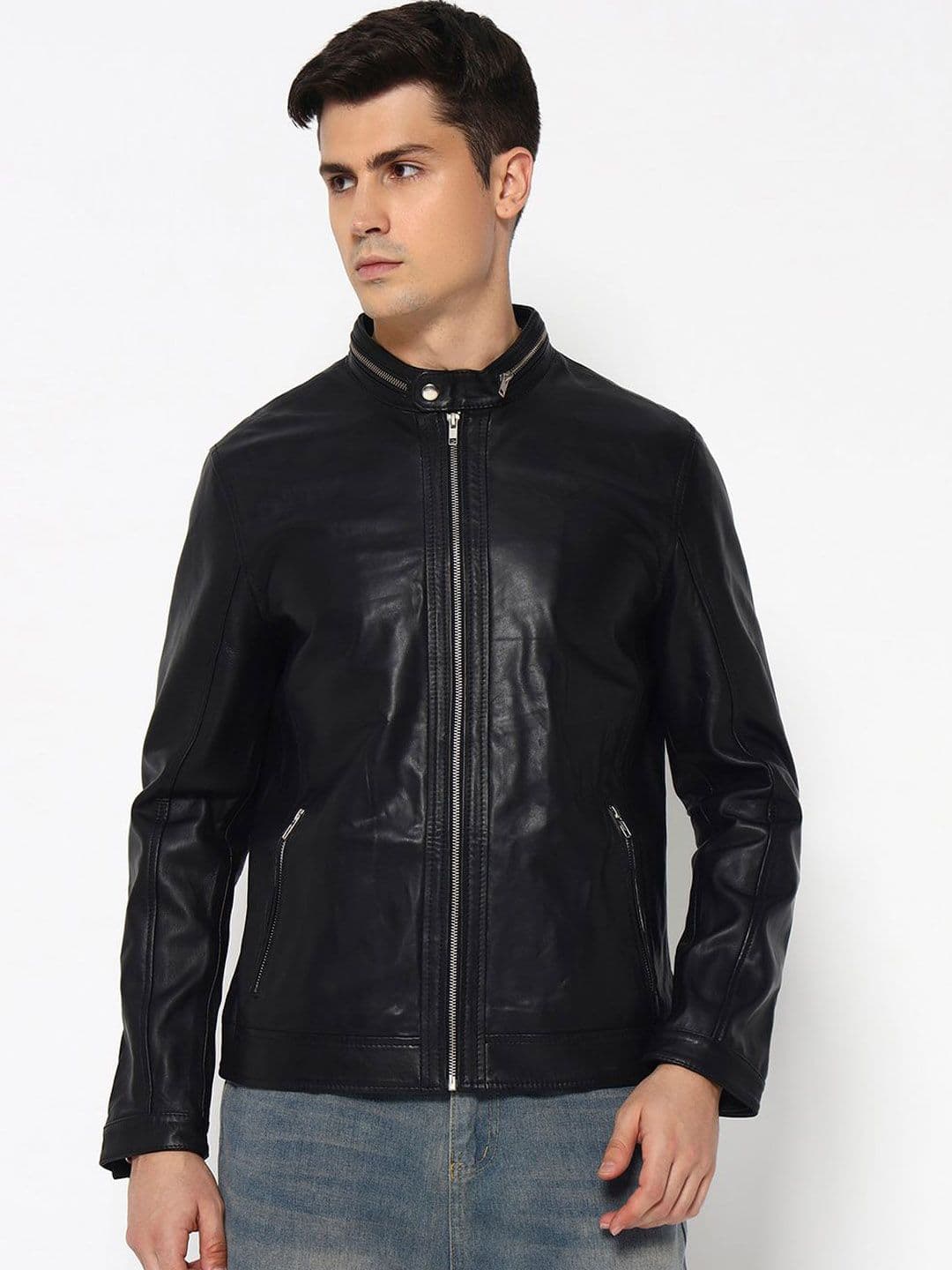 MaheTri Men Mandarin Collar Stylish Black Bomber Leather Jacket - view 1