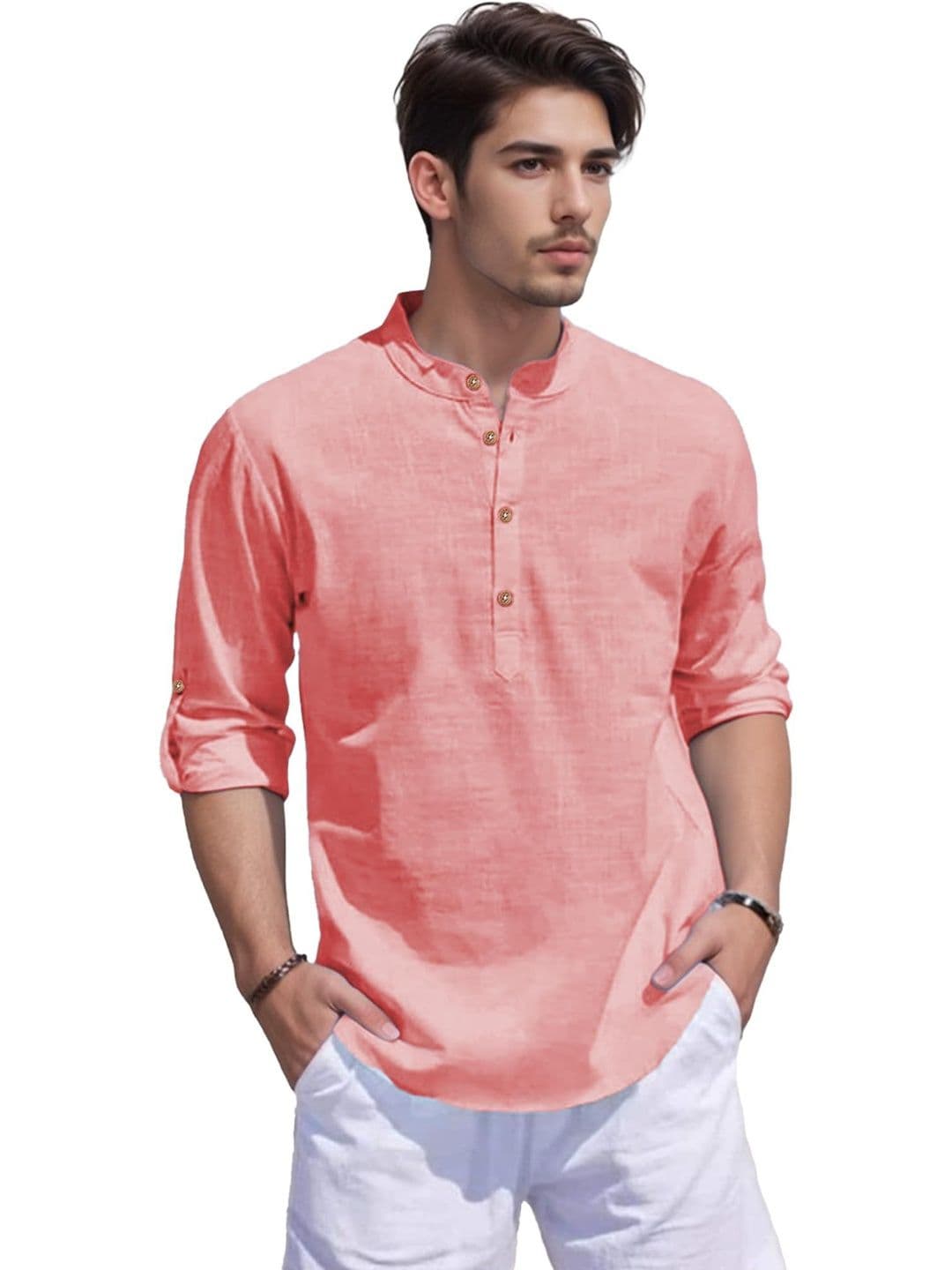 Edin Men Peach Cotton Solid Kurtas - view 1